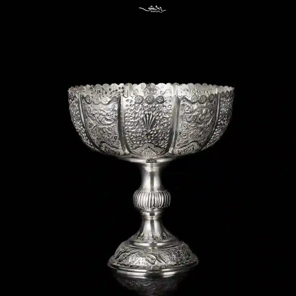 کاسه نقره پایه دار قلم گل و مرغ