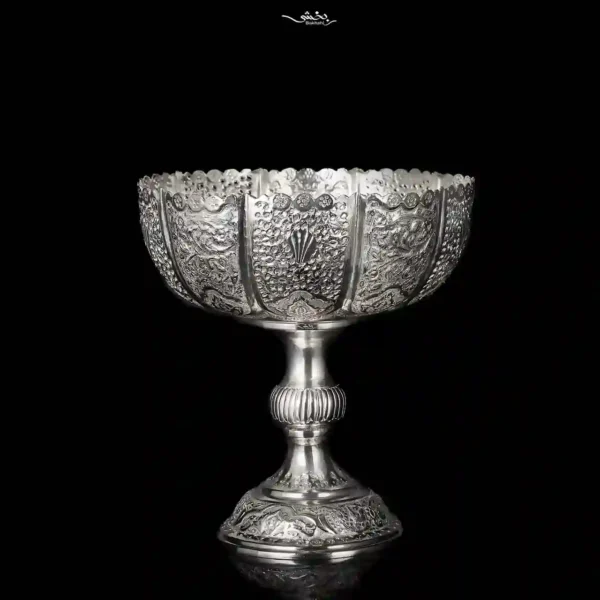 کاسه نقره پایه دار قلم گل و مرغ