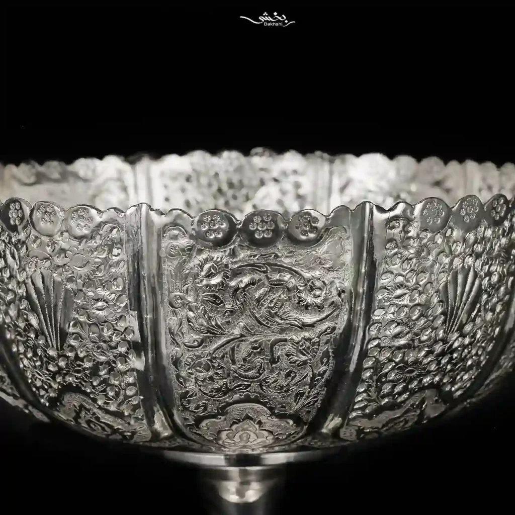 کاسه نقره پایه دار قلم گل و مرغ