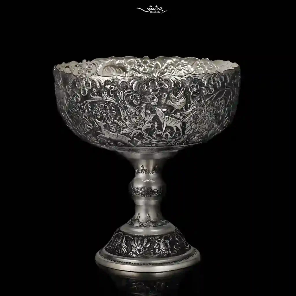 کاسه پایه دار نقره قلم شکارگاه