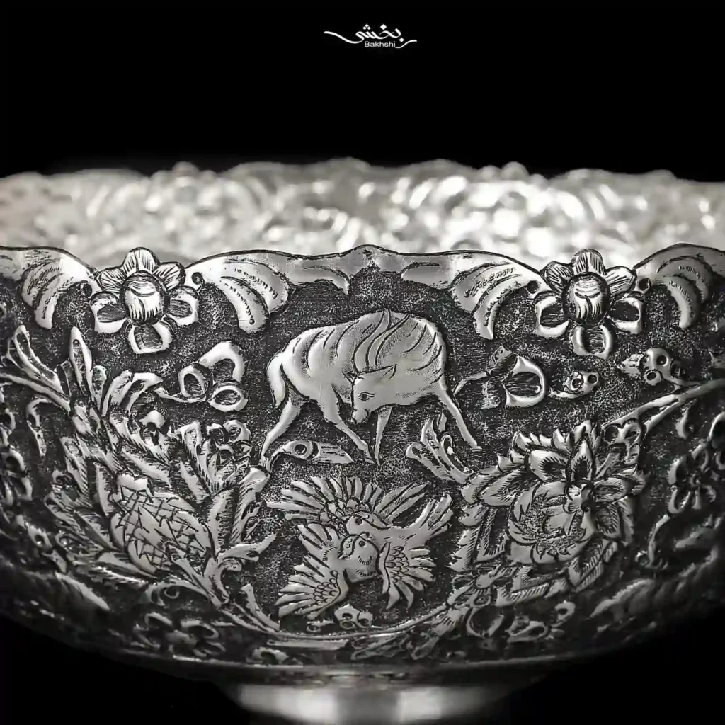 کاسه پایه دار نقره قلم شکارگاه