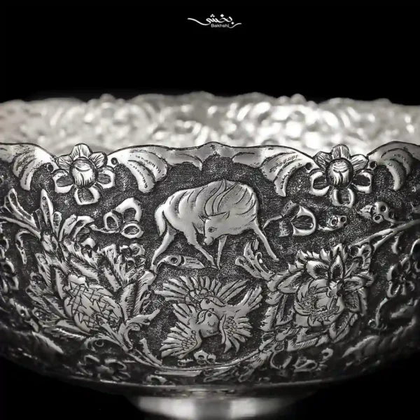 کاسه پایه دار نقره قلم شکارگاه