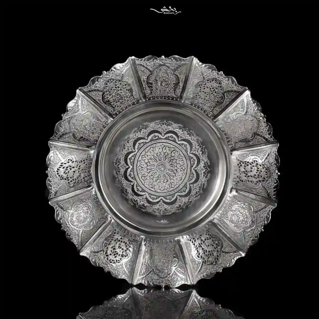 شیرینی خوری نقره گرد قلم گل و مرغ