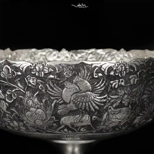 کاسه نقره پایه دار قلم شکارگاه