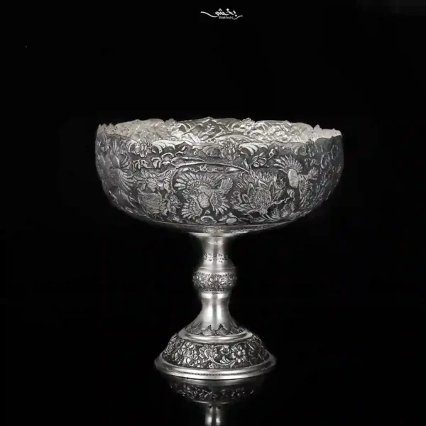 کاسه نقره پایه دار قلم شکارگاه