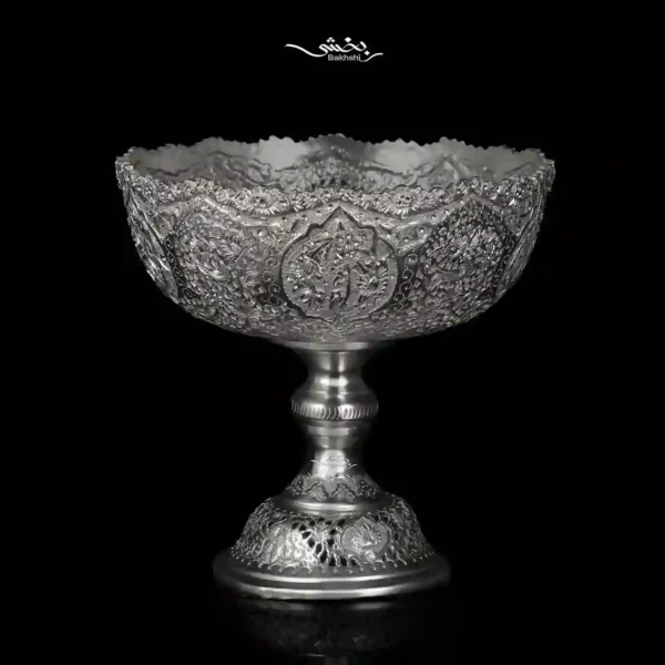 کاسه نقره پایه دار قلم گل و مرغ