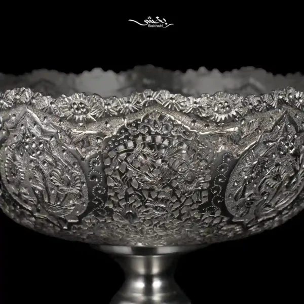 کاسه نقره پایه دار قلم گل و مرغ