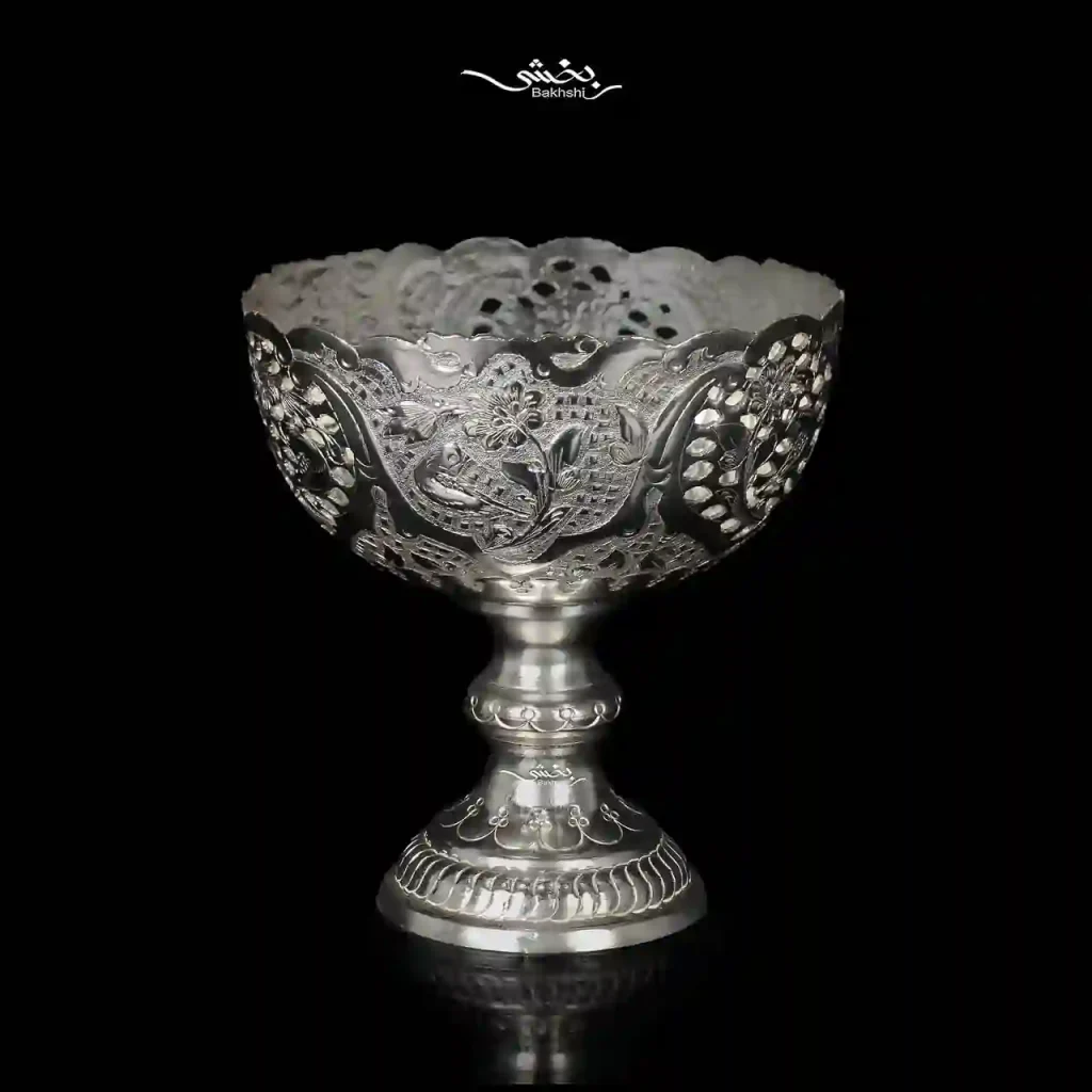 کاسه نقره پایه دار قلم گل و مرغ
