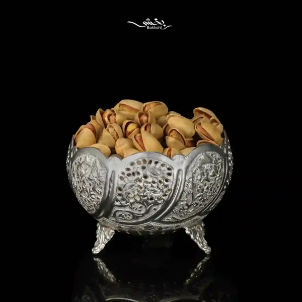 کاسه نقره قلم گل و مرغ پایه ریختگی