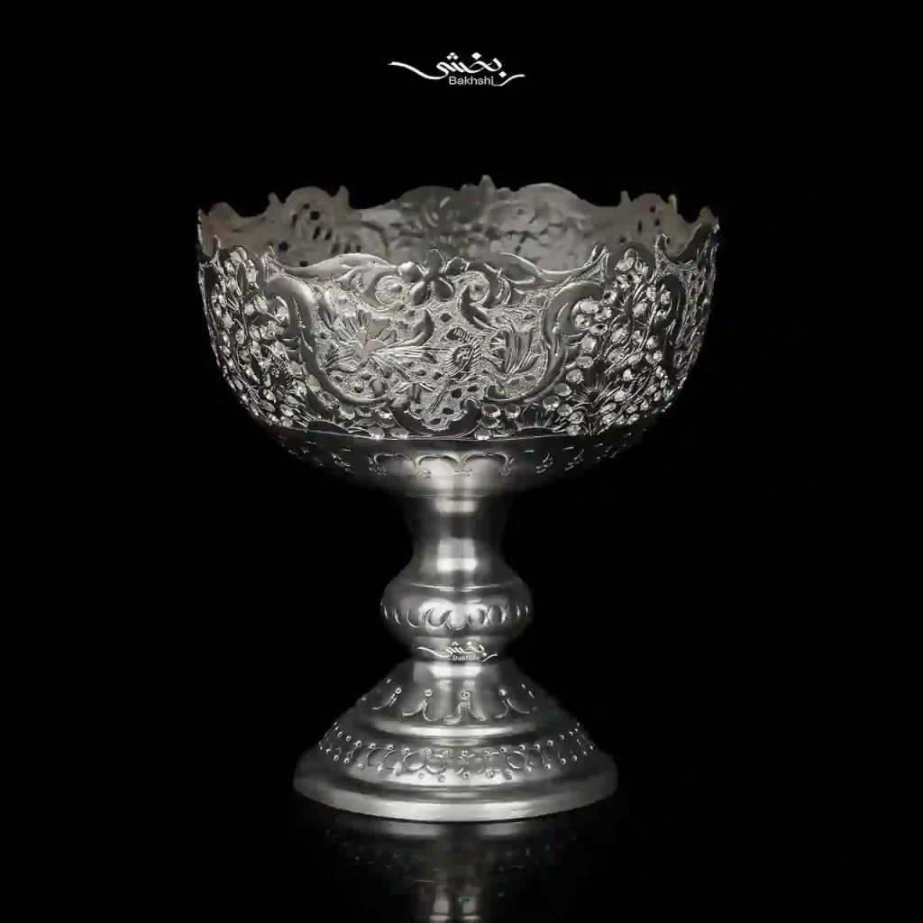 کاسه نقره پایه دار قلم گل و مرغ