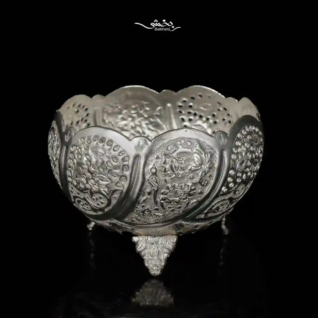 کاسه نقره قلم گل و مرغ پایه ریختگی