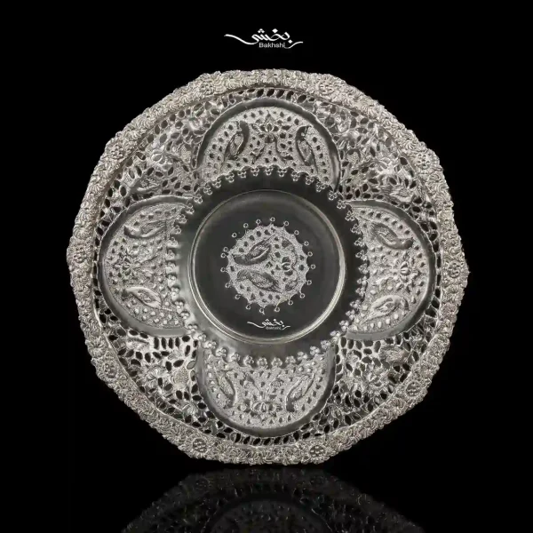 شیرینی خوری پایه دار نقره قلم گل و مرغ