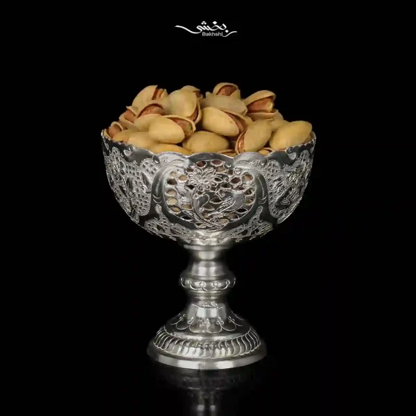 کاسه نقره پایه دار قلم گل و مرغ