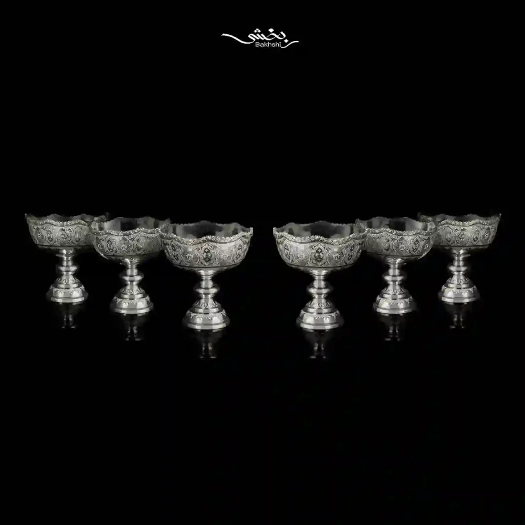 ست شش عددی کاسه پایه دار نقره قلم ترنج