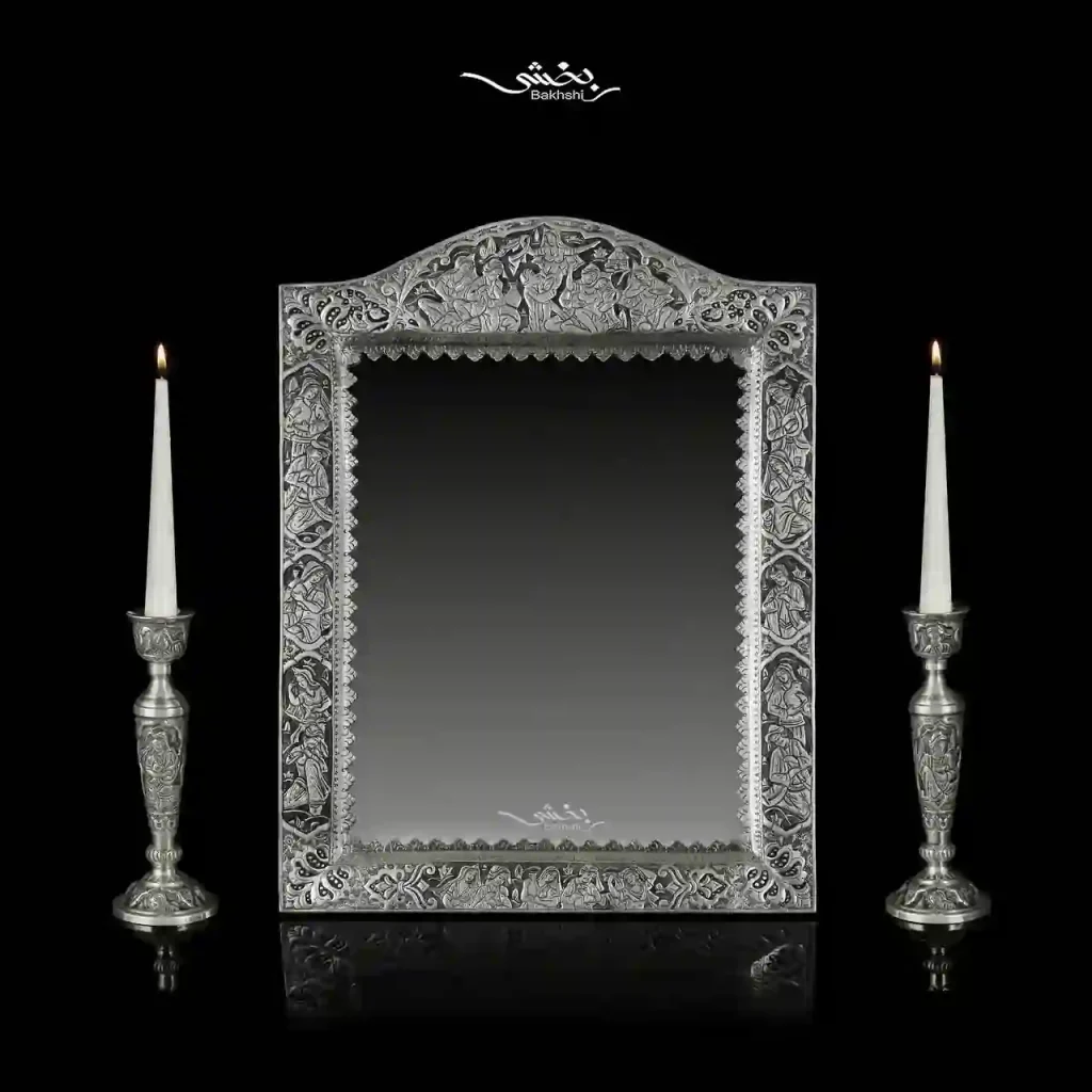 ست آینه مستطیل تاجدار و شمعدان نقره مینیاتور