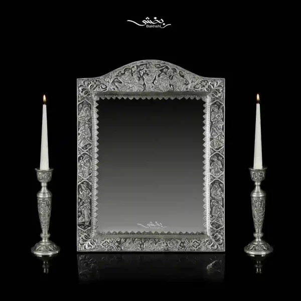 ست آینه مستطیل تاجدار و شمعدان نقره مینیاتور