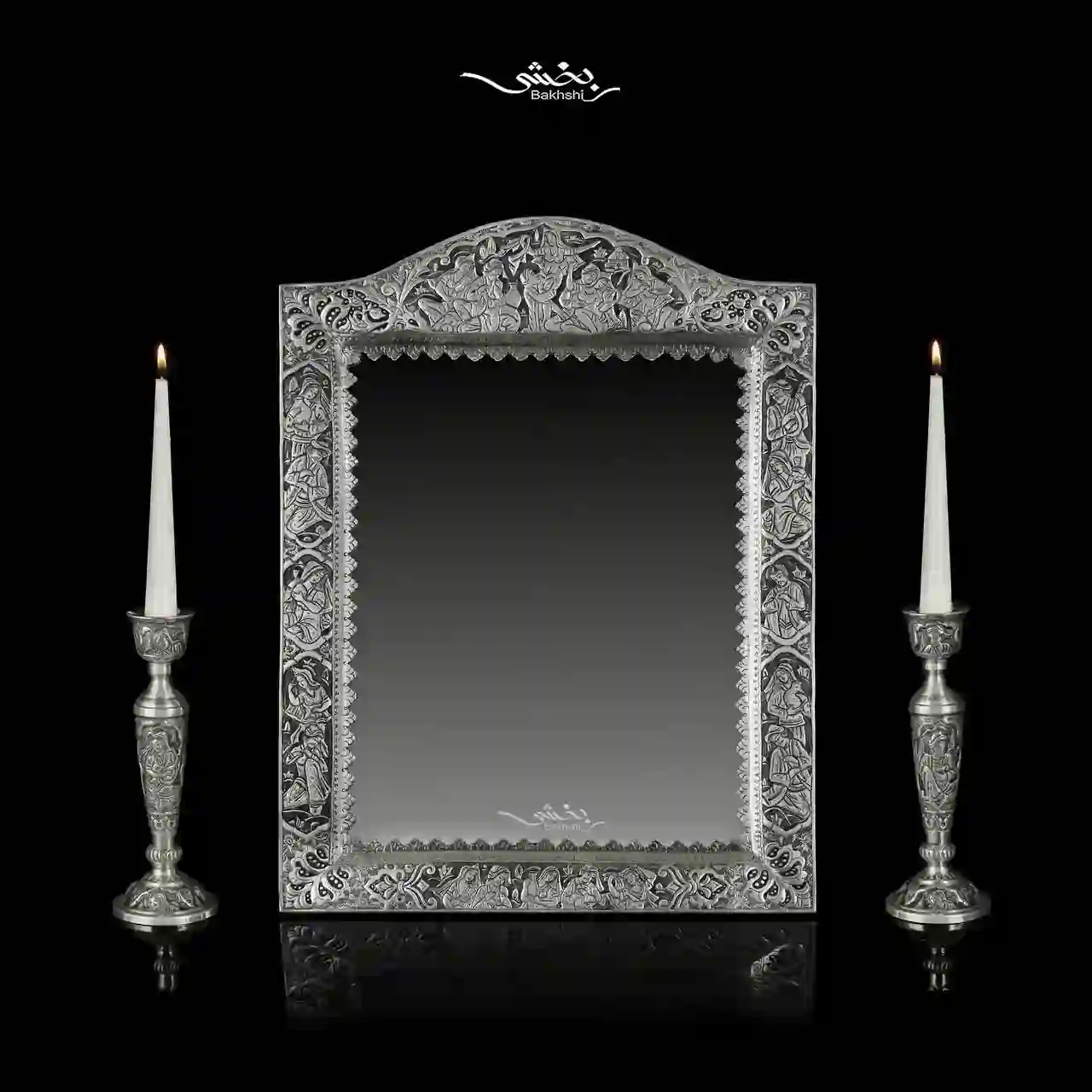 photo_8_2025-09-27_15-34-03 ست آینه مستطیل تاجدار و شمعدان نقره مینیاتور