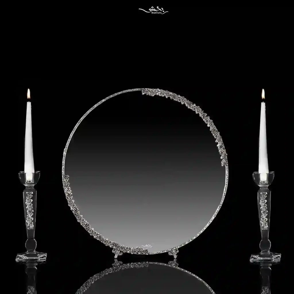ست آینه گرد و شمعدان کریستال شکوفه