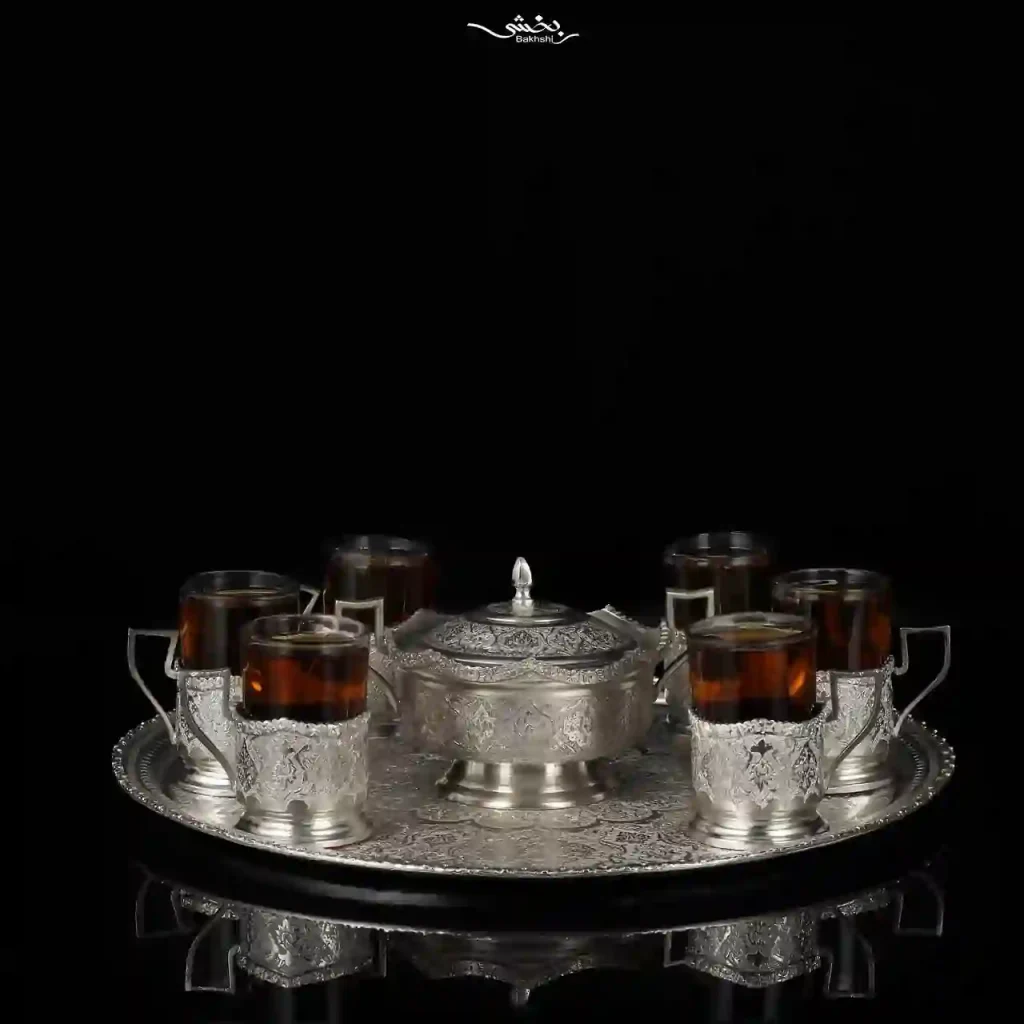 ست چای خوری نقره قلم گل و مرغ و ترنج درجه یک