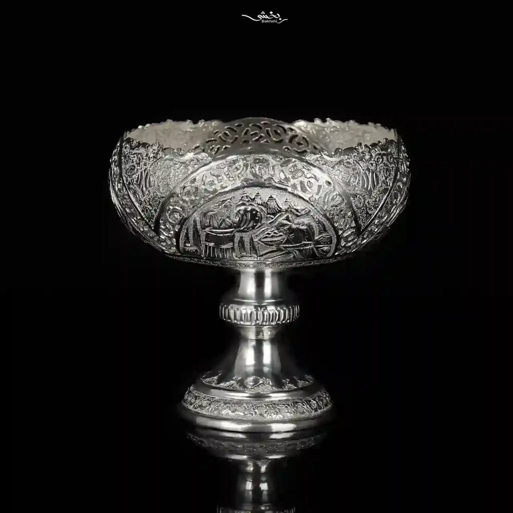 کاسه گزخوری نقره پایه دار قلم مینیاتور