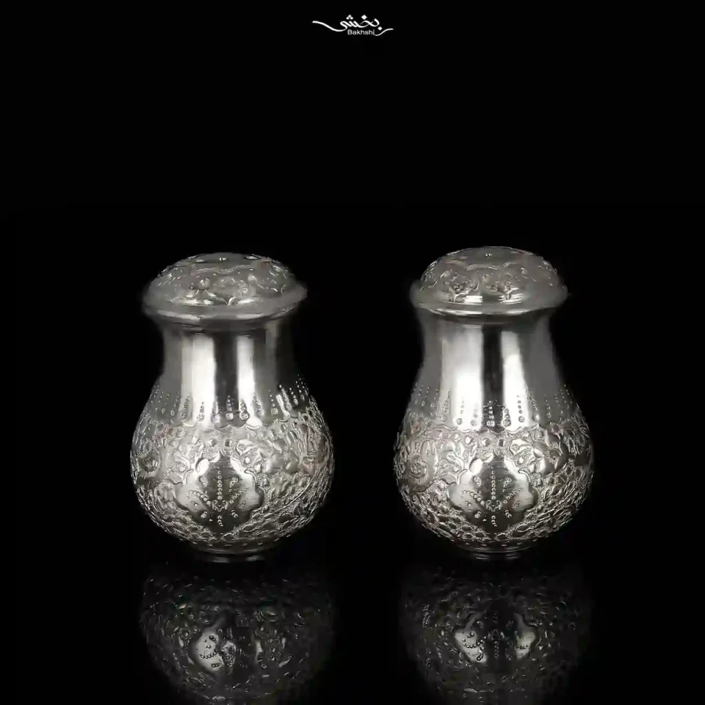 نمکدان نقره جفتی قلم گل و مرغ
