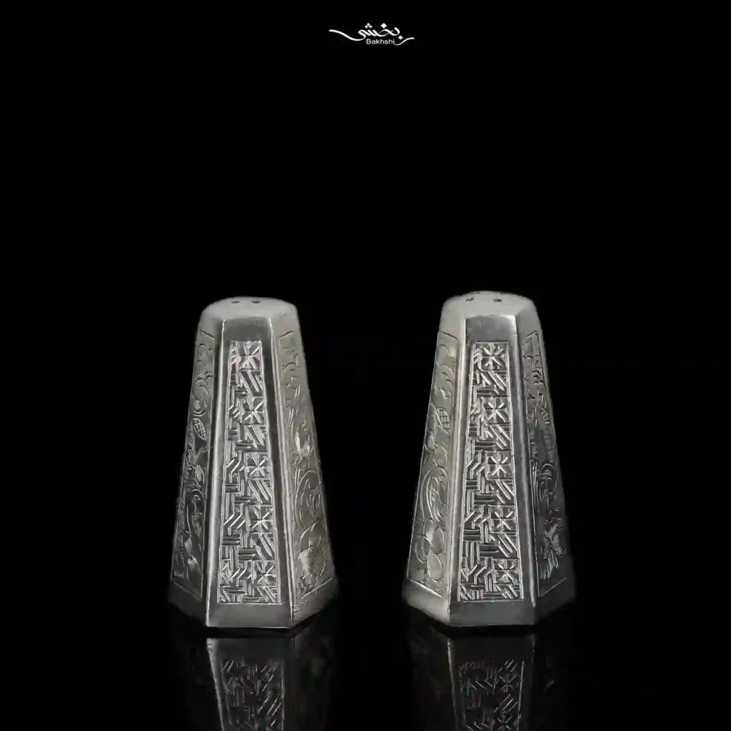 نمکدان نقره شش ضلعی جفتی قلم تبریز