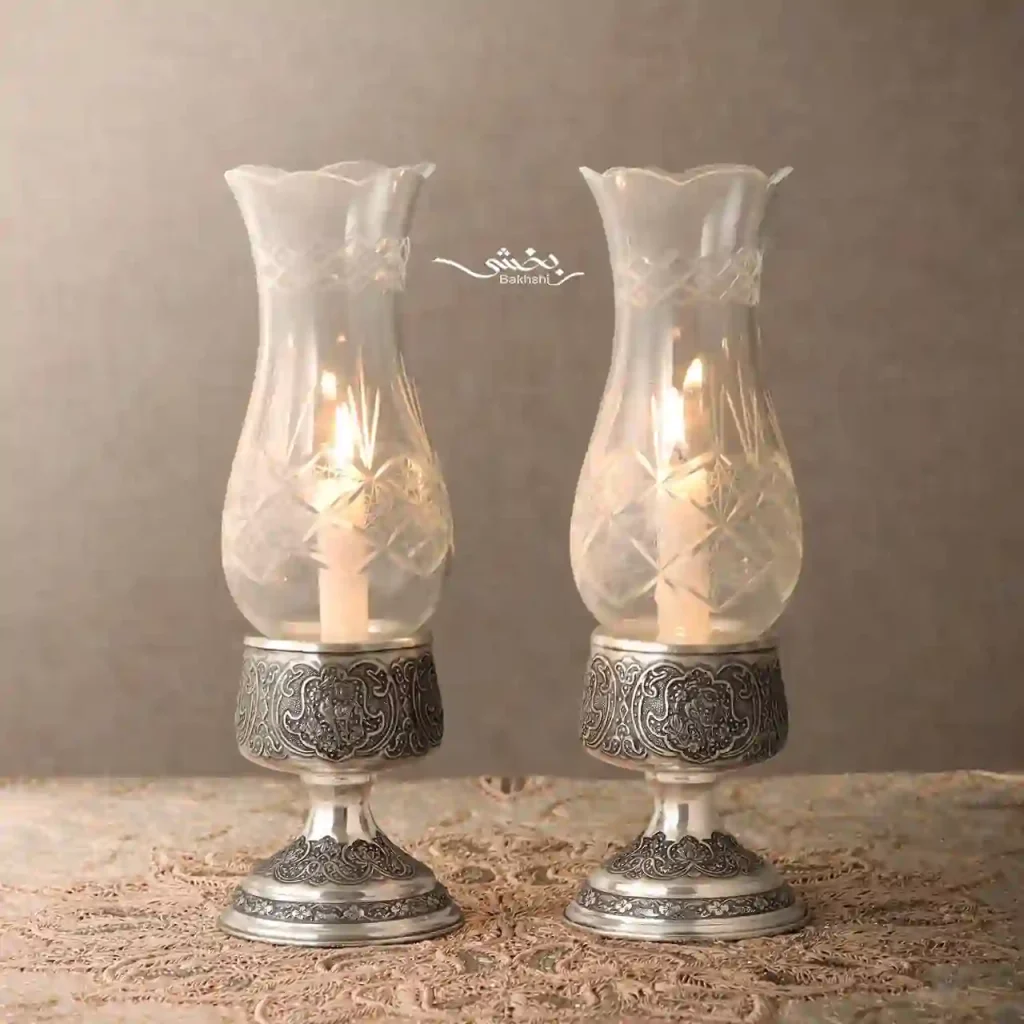 شمعدان نقره حباب خور کوتاه گل و مرغ اعلا