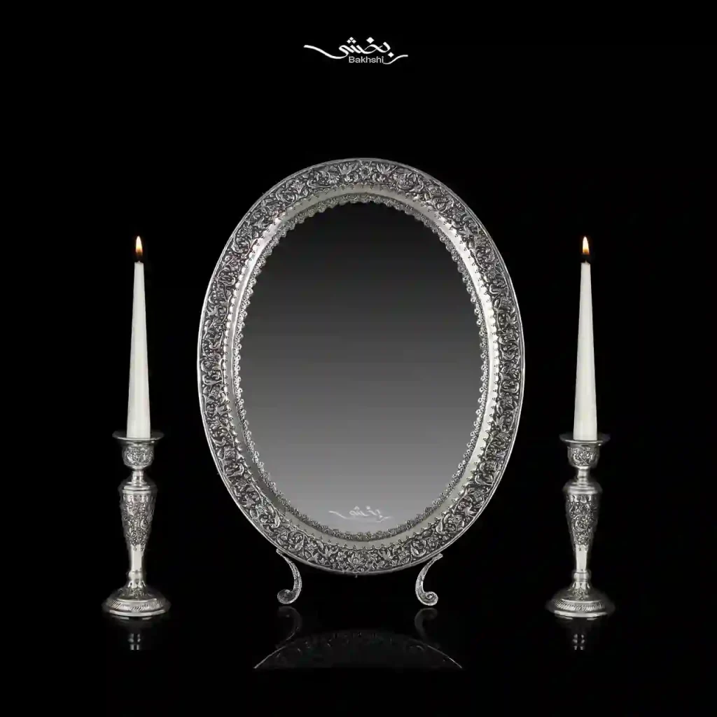 ست آینه بیضی متوسط و شمعدان نقره گل و مرغ