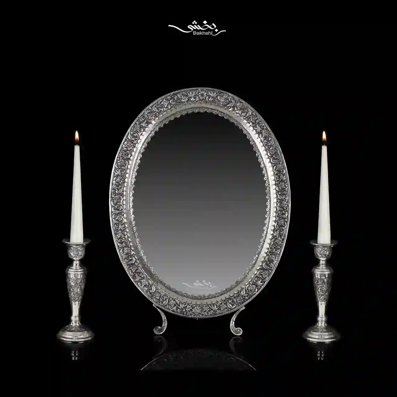 photo_1_2025-10-29_21-38-09 ست آینه بیضی متوسط و شمعدان نقره گل و مرغ