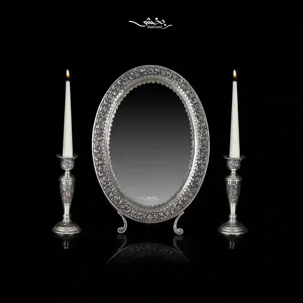 ست آینه بیضی کوچک و شمعدان نقره گل و مرغ