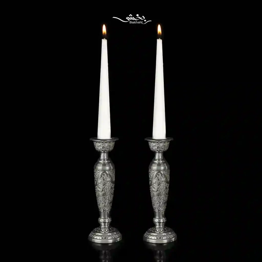 ست آینه بیضی و شمعدان نقره گل و مرغ