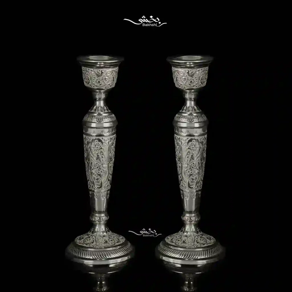 ست آینه مستطیل و شمعدان نقره تک شاخه گل و مرغ