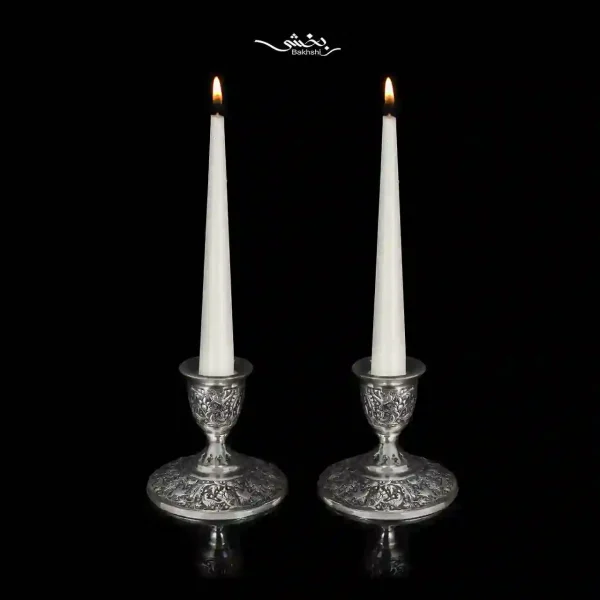 ست آینه بیضی و شمعدان تک شاخه نقره گل و مرغ