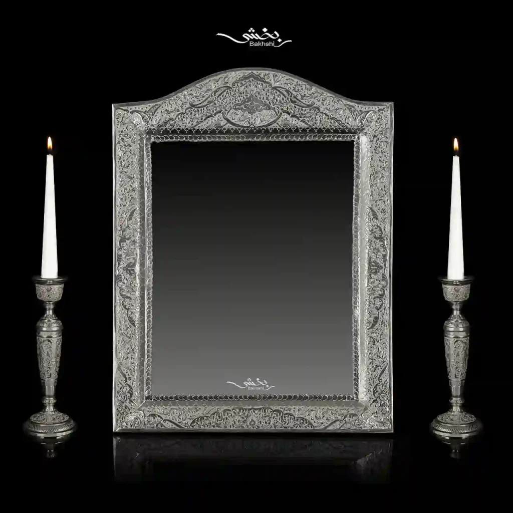 ست آینه مستطیل و شمعدان نقره تک شاخه گل و مرغ