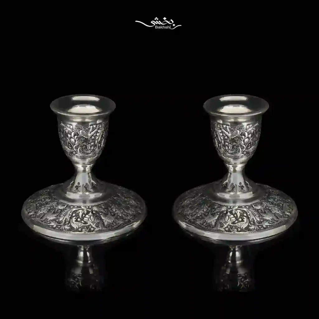 ست آینه بیضی و شمعدان تک شاخه نقره گل و مرغ
