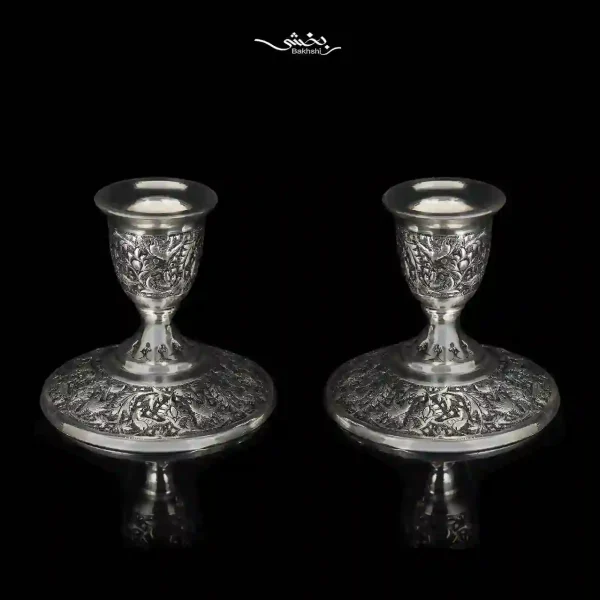 ست آینه بیضی و شمعدان تک شاخه نقره گل و مرغ