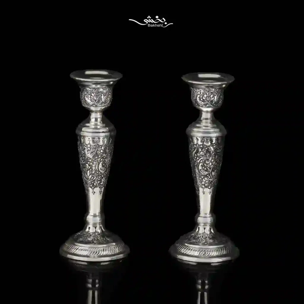 ست آینه بیضی و شمعدان تک شاخه نقره گل و مرغ