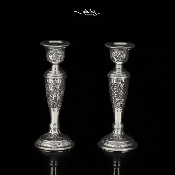 ست آینه بیضی و شمعدان تک شاخه نقره گل و مرغ