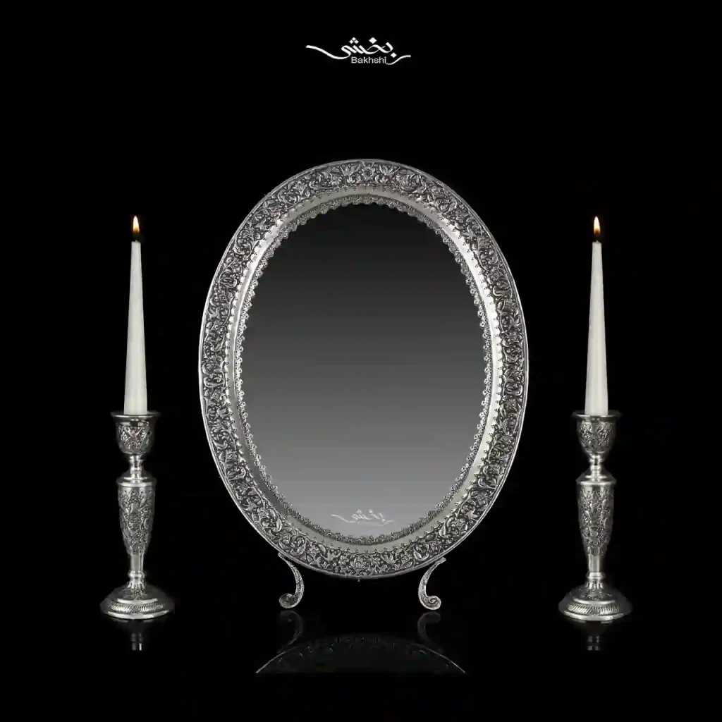 ست آینه بیضی متوسط و شمعدان نقره گل و مرغ