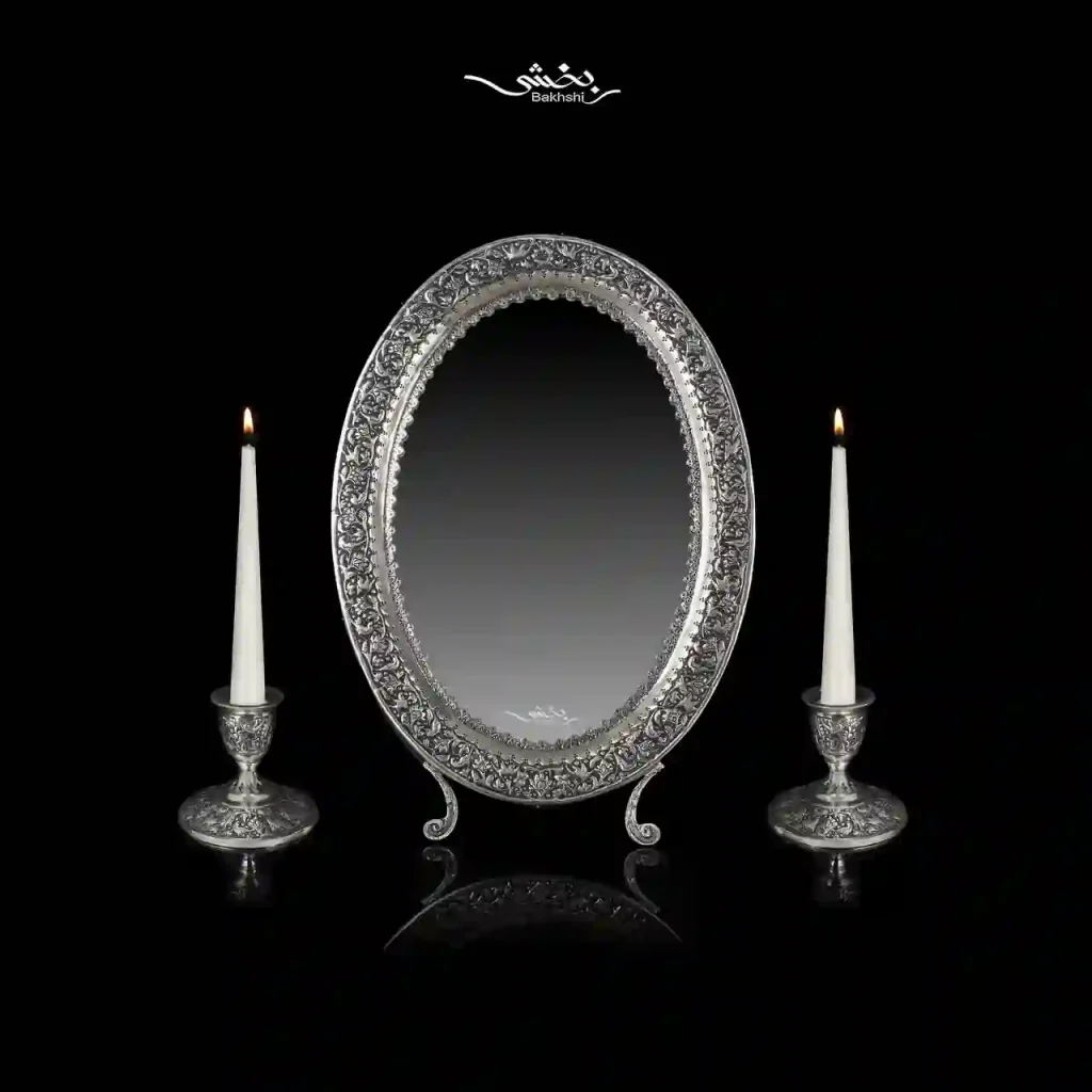 ست آینه بیضی و شمعدان تک شاخه نقره گل و مرغ