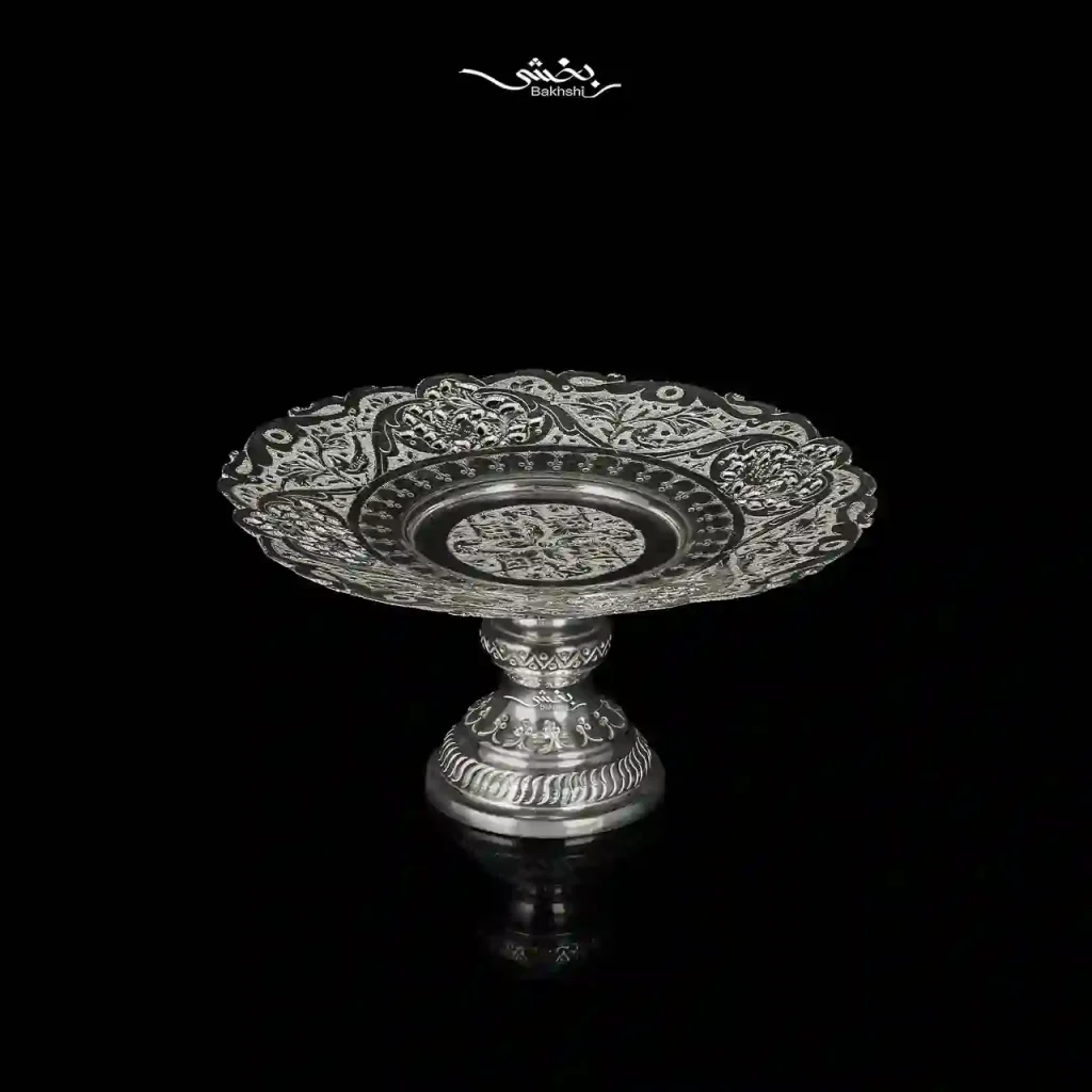 شیرینی خوری نقره پایه دار قلم گل و مرغ