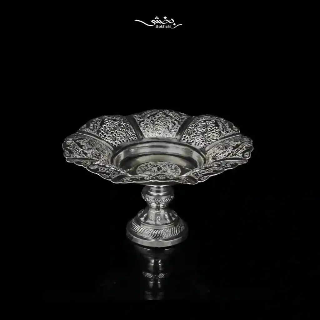 شیرینی خوری نقره پایه دار قلم گل و مرغ