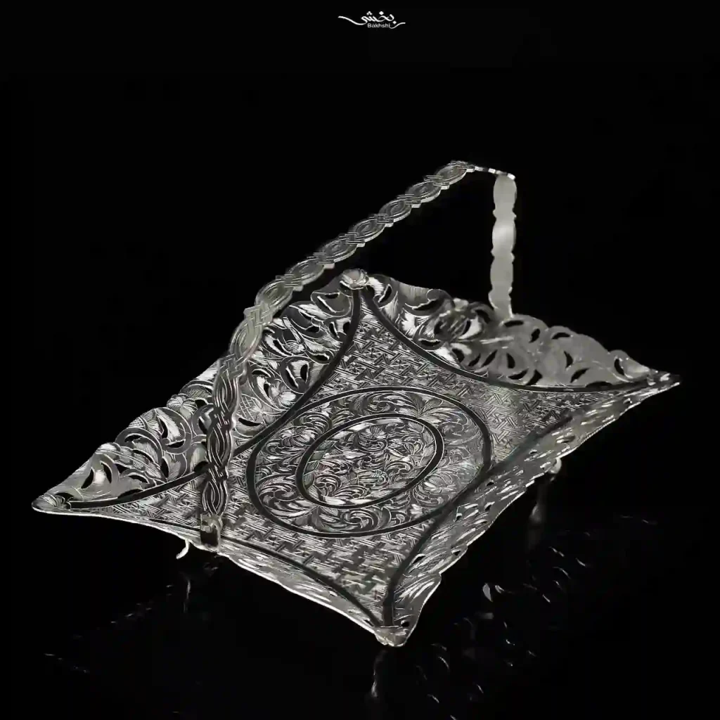 سبد نقره دسته دار مستطیل قلم تبریز