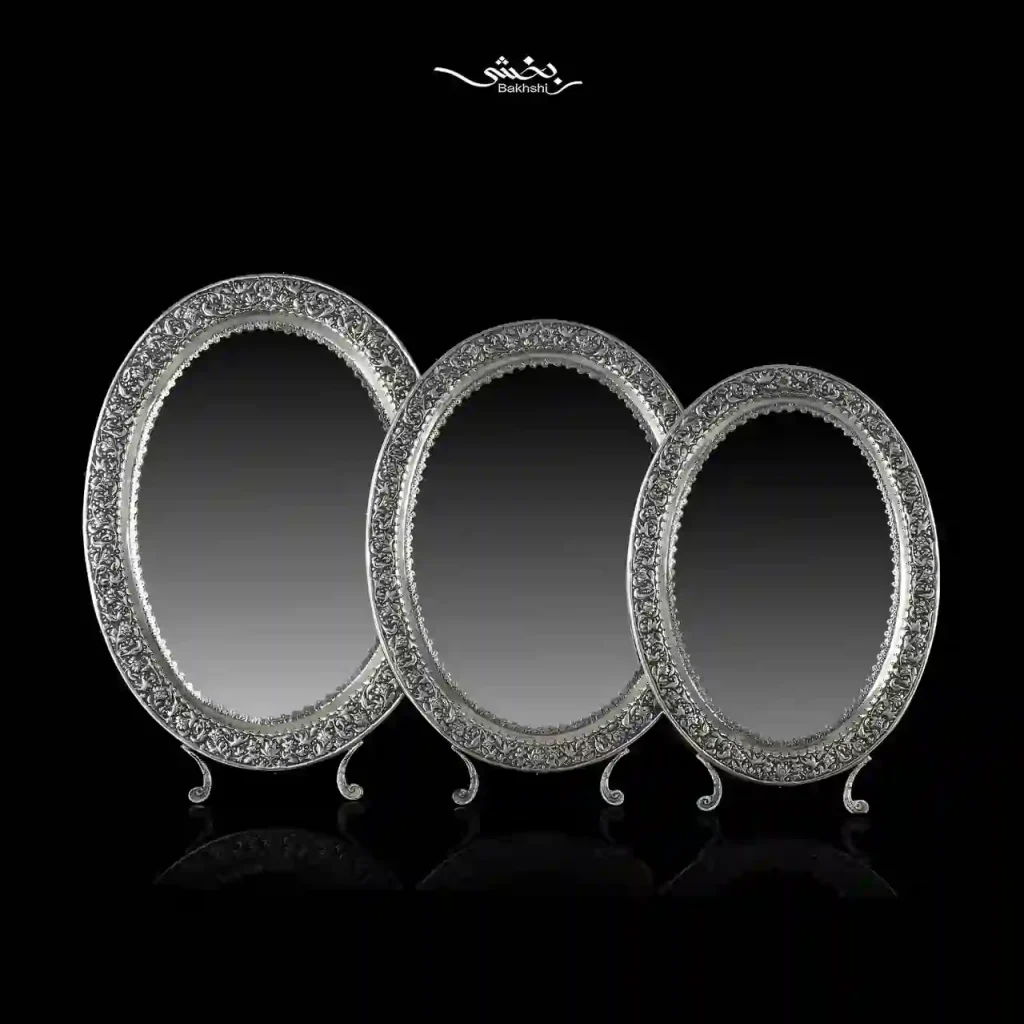 آینه بیضی نقره قلم گل و مرغ