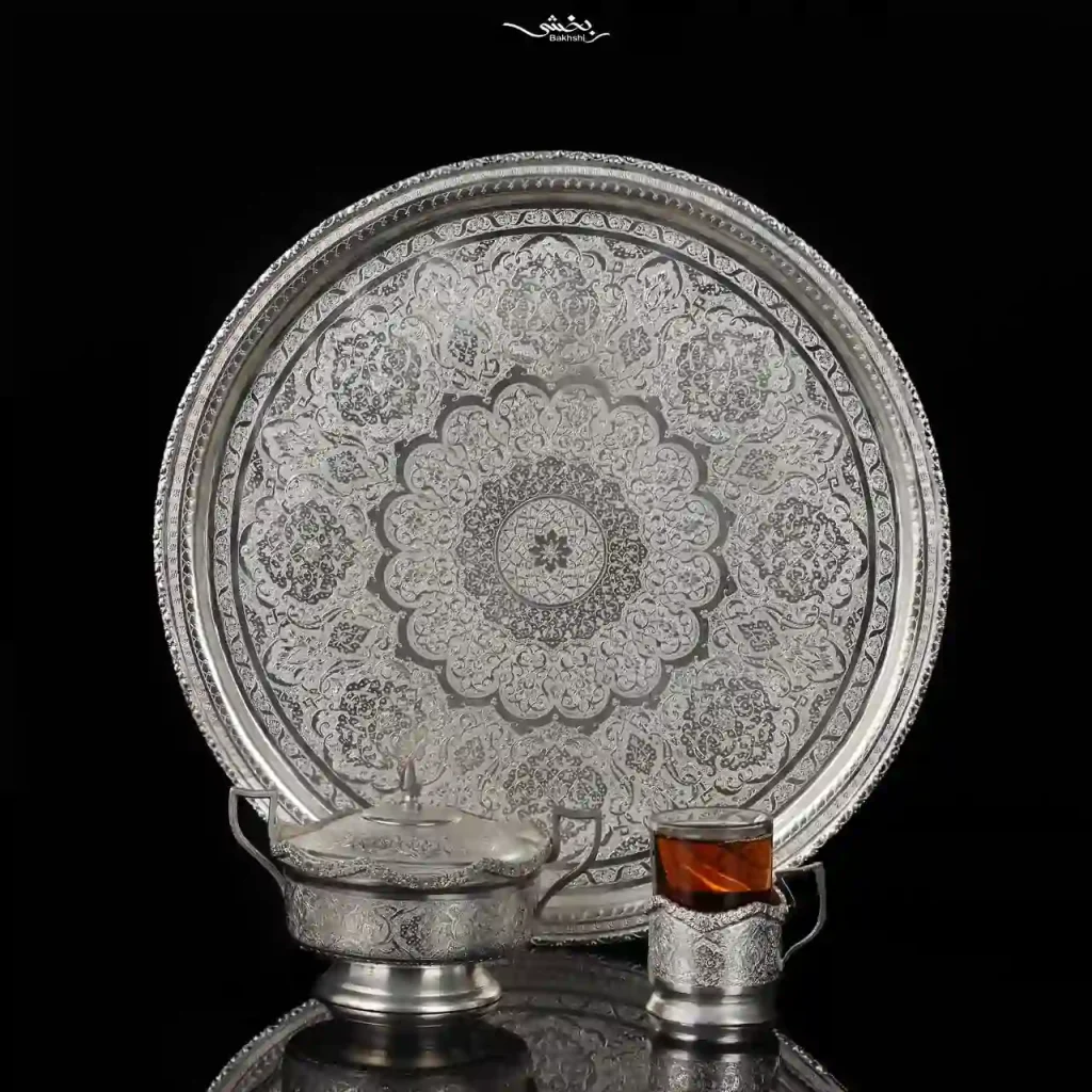 ست چای خوری نقره قلم گل و مرغ و ترنج درجه یک