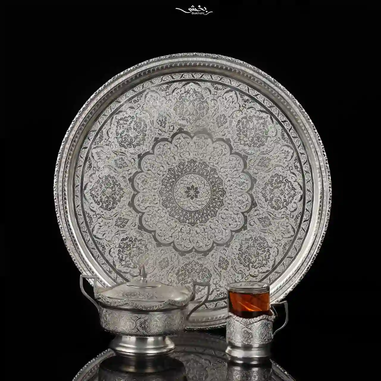 photo_5_2025-10-27_16-26-05 ست چای خوری نقره قلم گل و مرغ و ترنج درجه یک