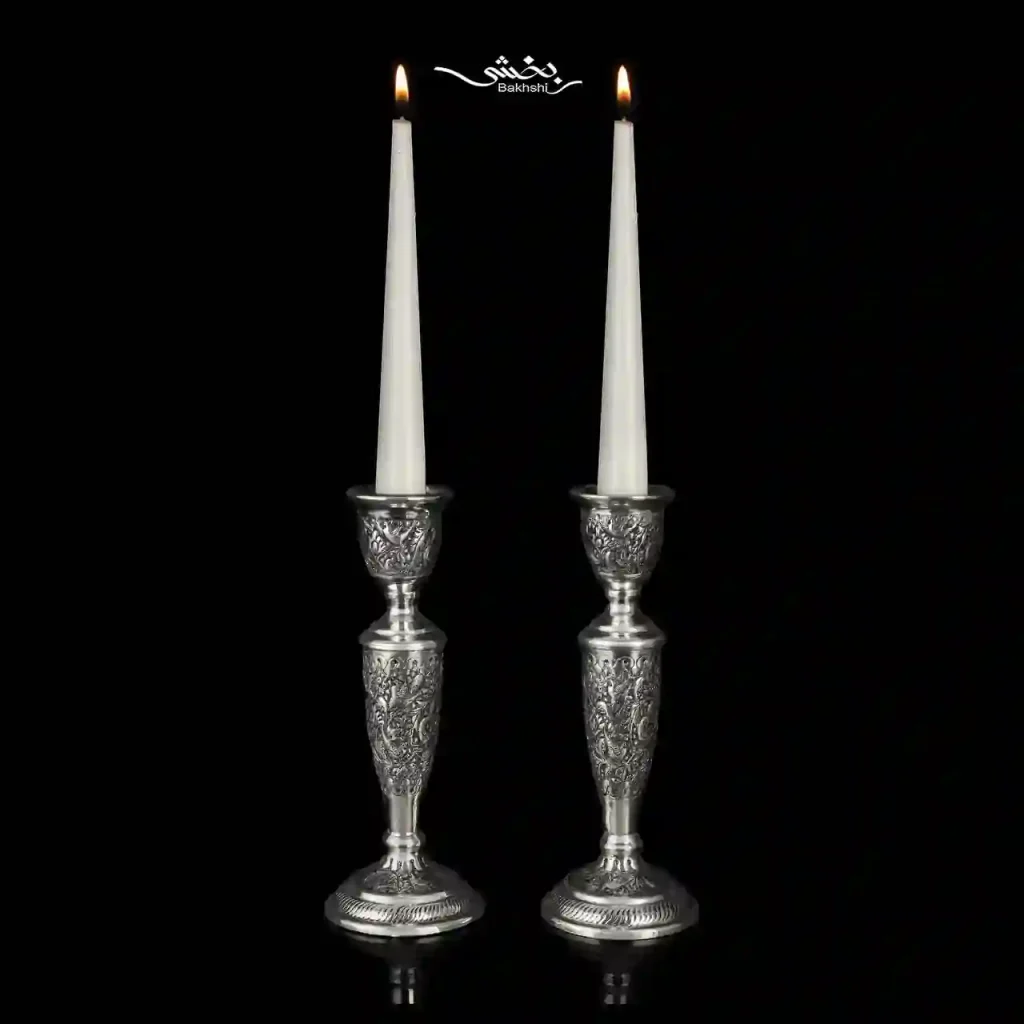 ست آینه بیضی و شمعدان تک شاخه نقره گل و مرغ