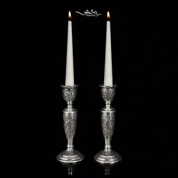 ست آینه بیضی و شمعدان تک شاخه نقره گل و مرغ