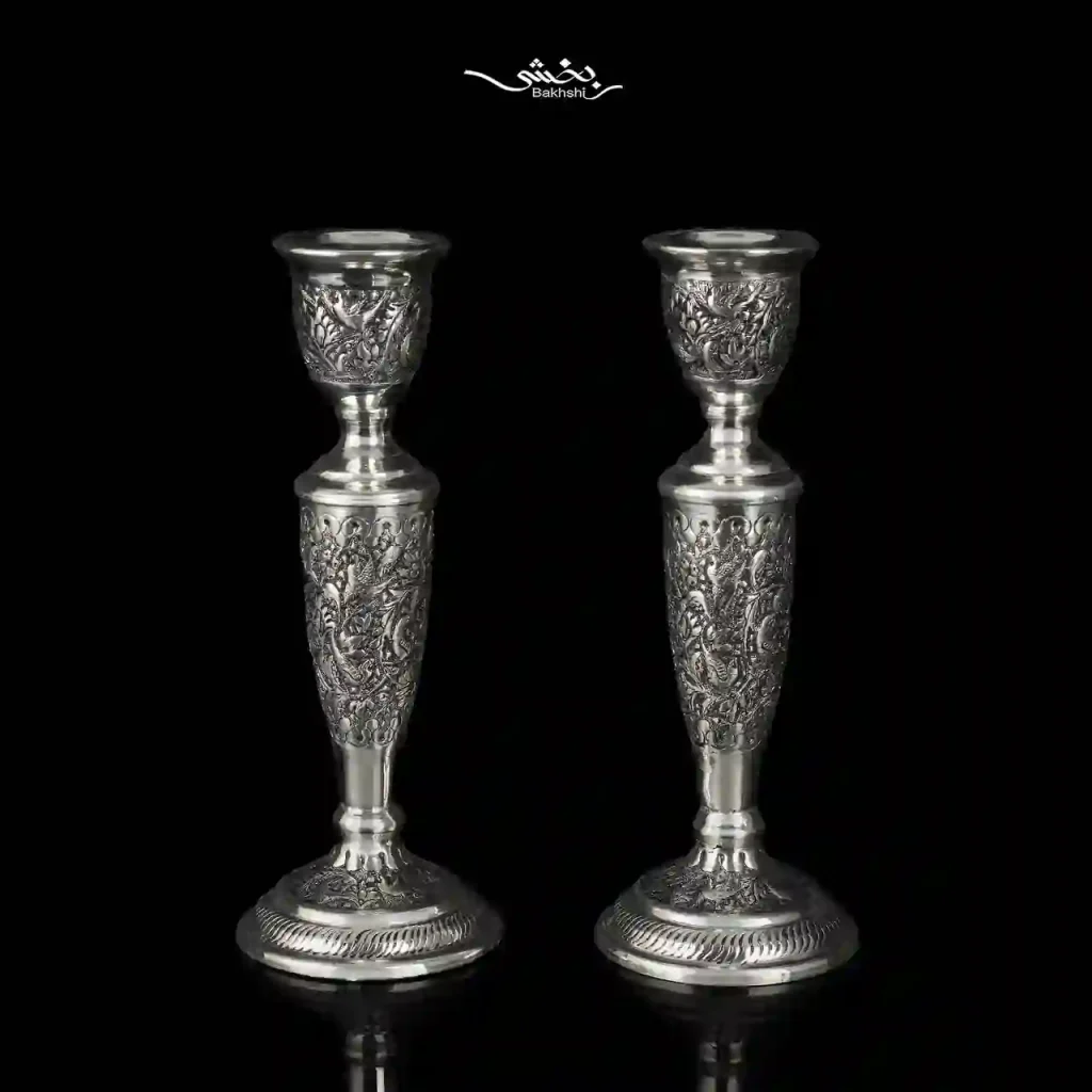 ست آینه بیضی و شمعدان تک شاخه نقره گل و مرغ