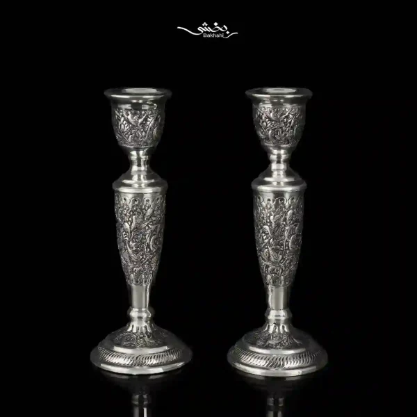 ست آینه بیضی و شمعدان تک شاخه نقره گل و مرغ